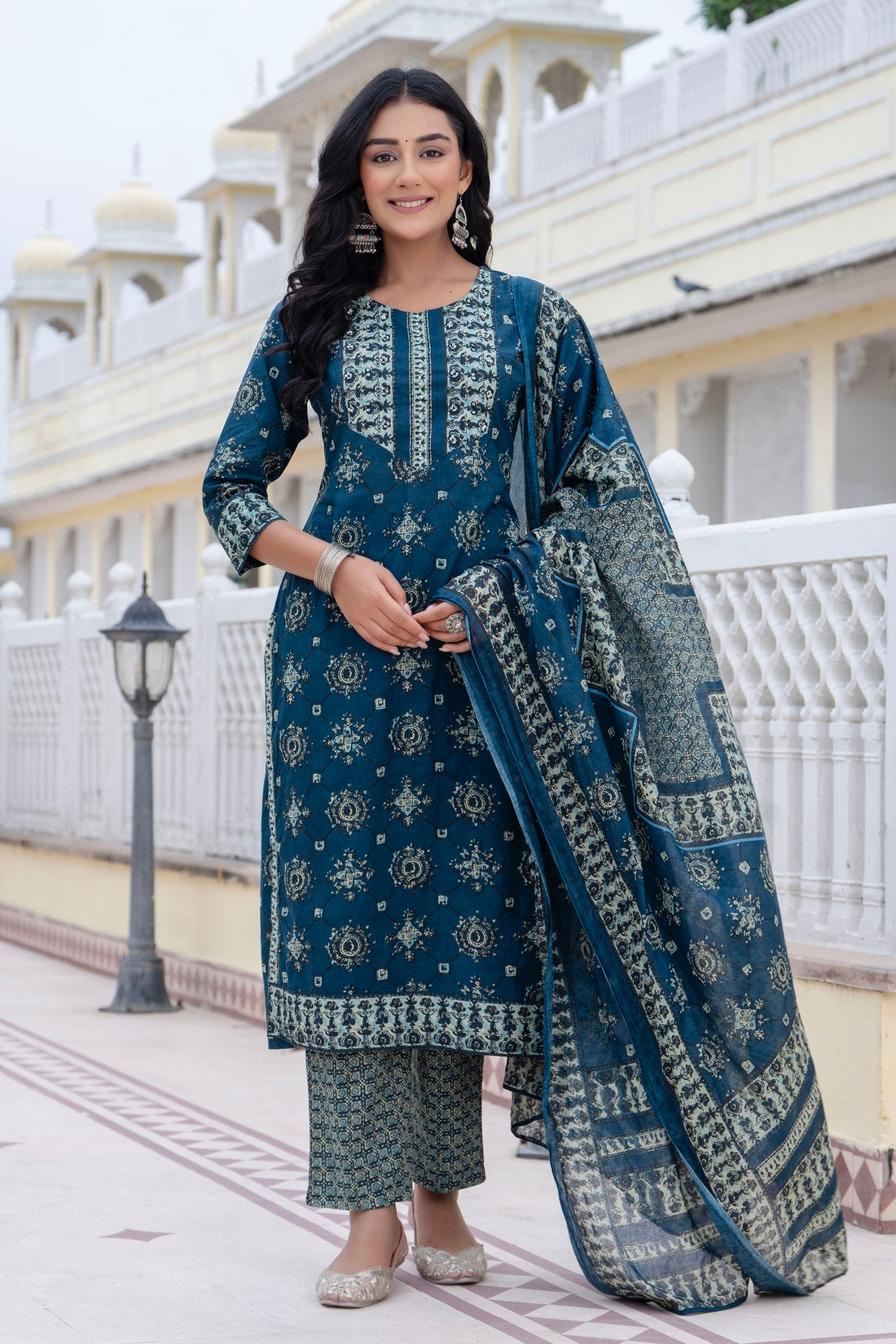 VEDA - Deep Blue Yoke Design Kurta Set with Trouser and Dupatta