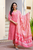 Sejal - Pink Ethnic Printed Front Pleated A-line Cotton Kurta Set with Dupatta