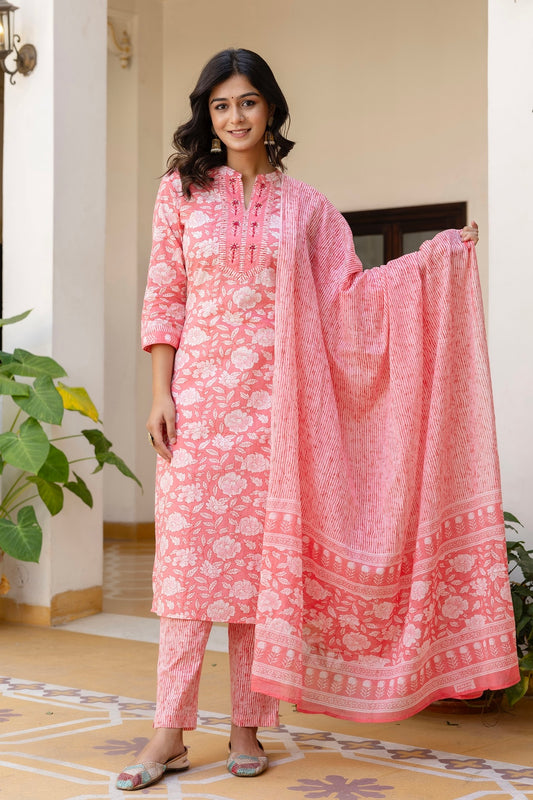 Peach Plackett Design Cotton Kurta Set with Trousers and Dupatta