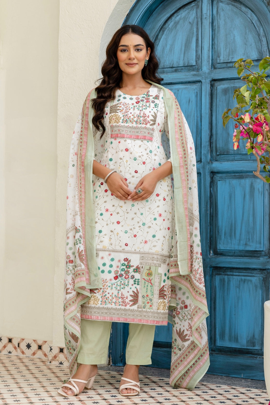 Off White and Green Cotton Lined Kurta Set with Trousers and Dupatta