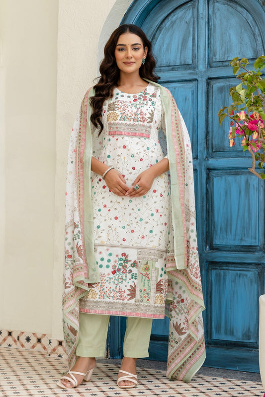 Off White and Green Cotton Lined Kurta Set with Trousers and Dupatta