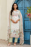 Off White and Green Cotton Lined Kurta Set with Trousers and Dupatta