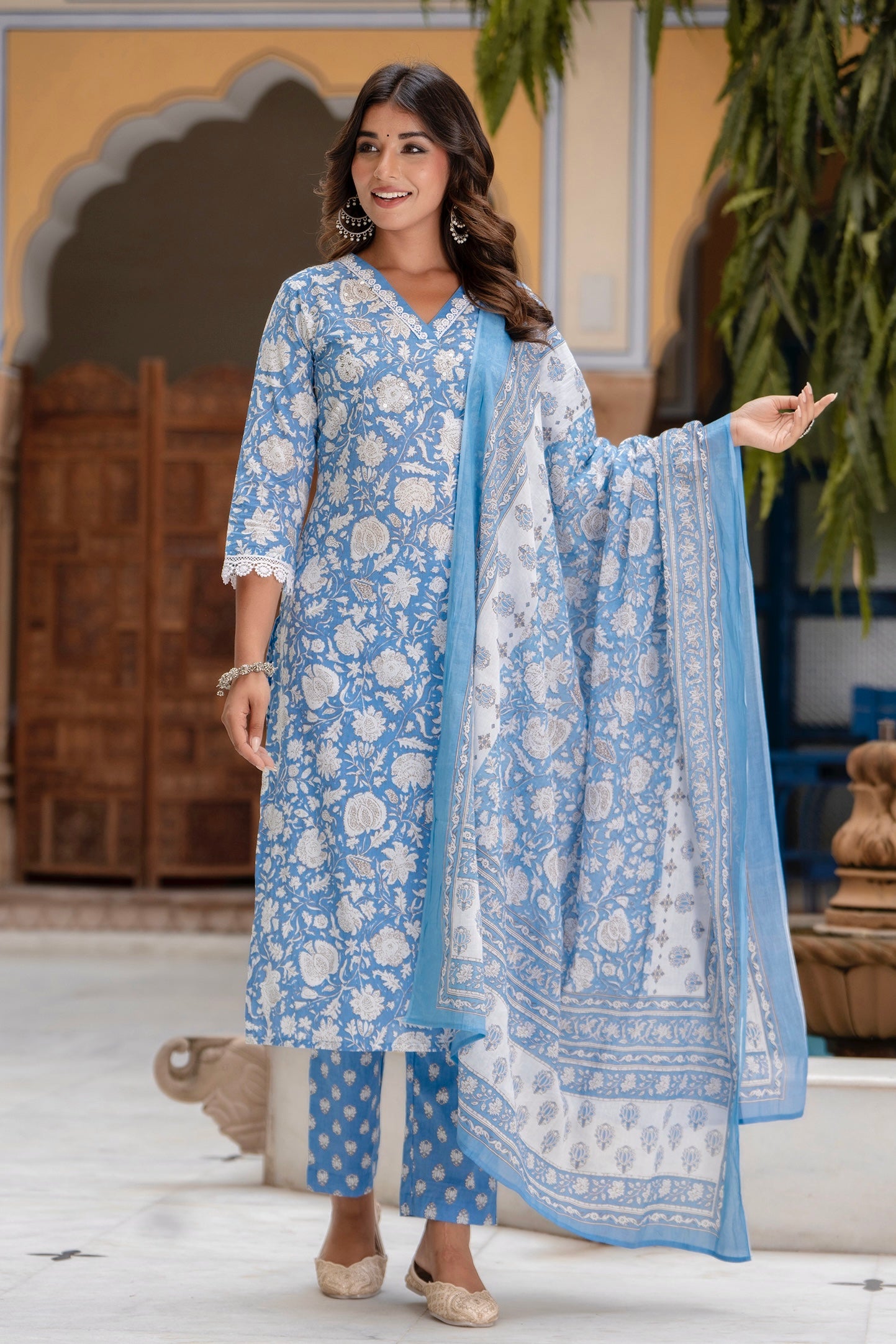 Sana - Blue Lacework Floral Printed Cotton Kurta Set with Dupatta