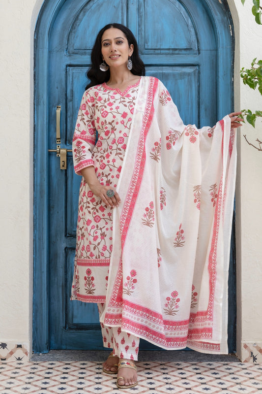 Off White and Pink Cotton Lined Kurta Set with Trousers and Dupatta