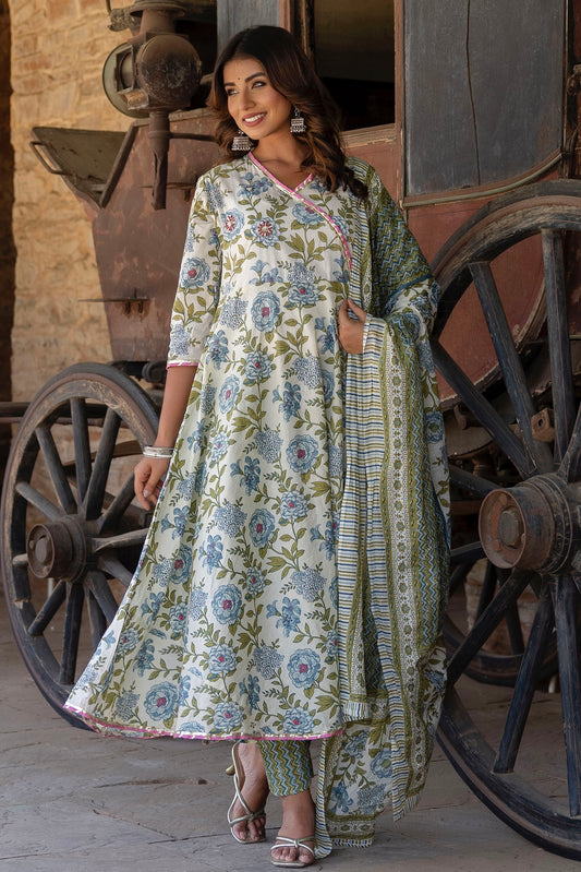 Myra - White and Green Printed Floral Angrakha Anarkali Suit Set