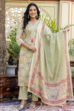 Anya - Mint Green Floral Printed Cotton Kurta Set with Dupatta