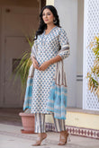 Eliana - Blue and White Collar Neck Cotton Kurta Set with Dupatta