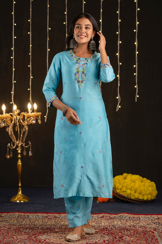 Naina - Blue Silk Embroidered Kurta