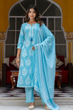 Bhumi - Sky Blue Printed Cotton Kurta Set with Dupatta