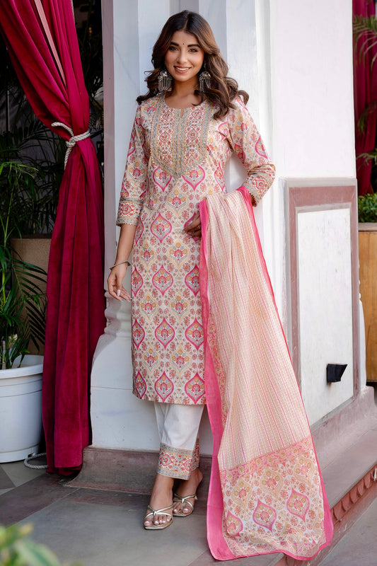 Gauravi - Cream and Pink Festive Wear Cotton Kurta Set with Dupatta