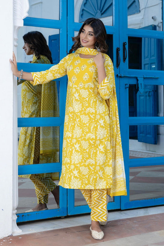 Jaya - Yellow Yoke Design Printed Cotton Kurta Set with Dupatta