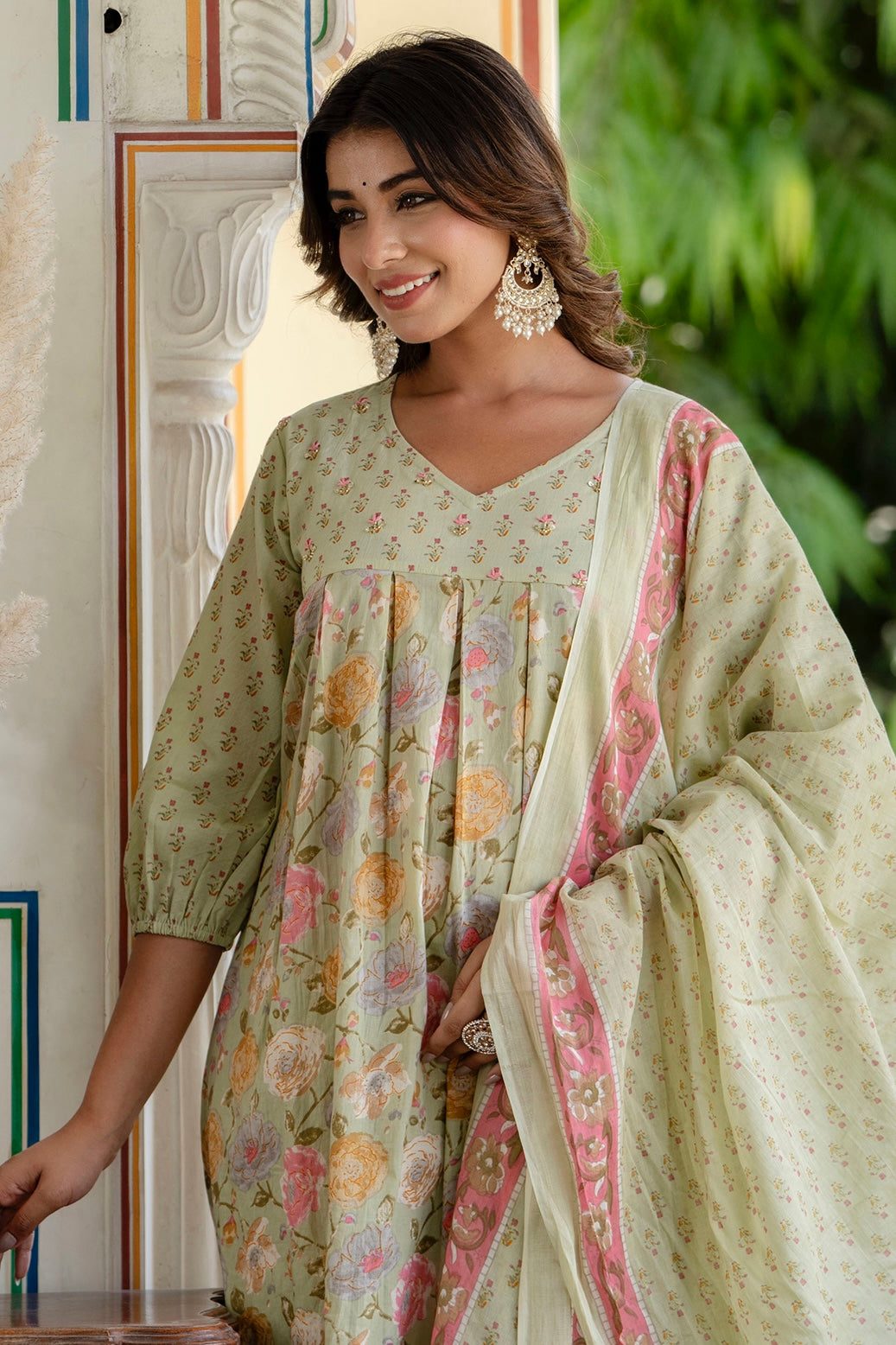 Layla - Green Pleated A-line Flared Cotton Kurta Set with Dupatta