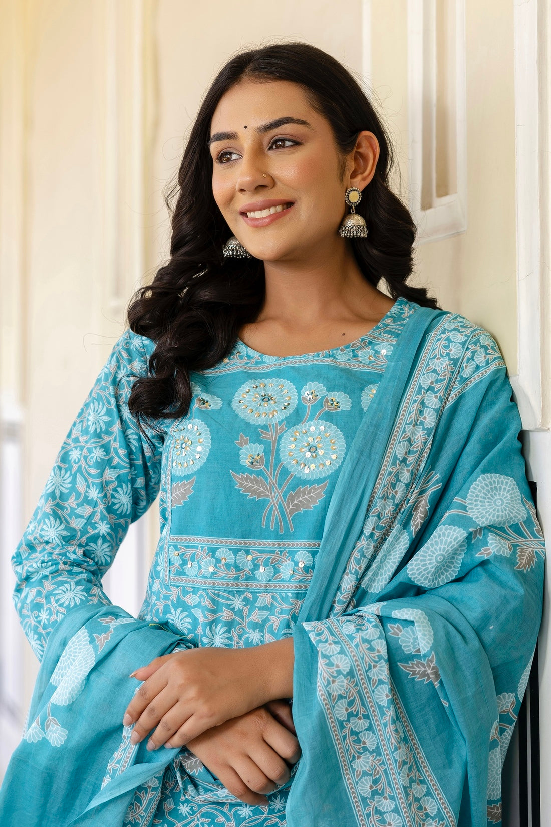 Blue Yoke Highlighted Floral Cotton Kurta Set with Trousers and Dupatta