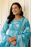 Blue Yoke Highlighted Floral Cotton Kurta Set with Trousers and Dupatta