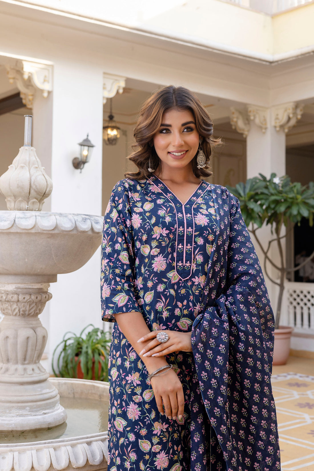 DISHA - Navy Blue Floral Cotton Kurta Set with Dupatta