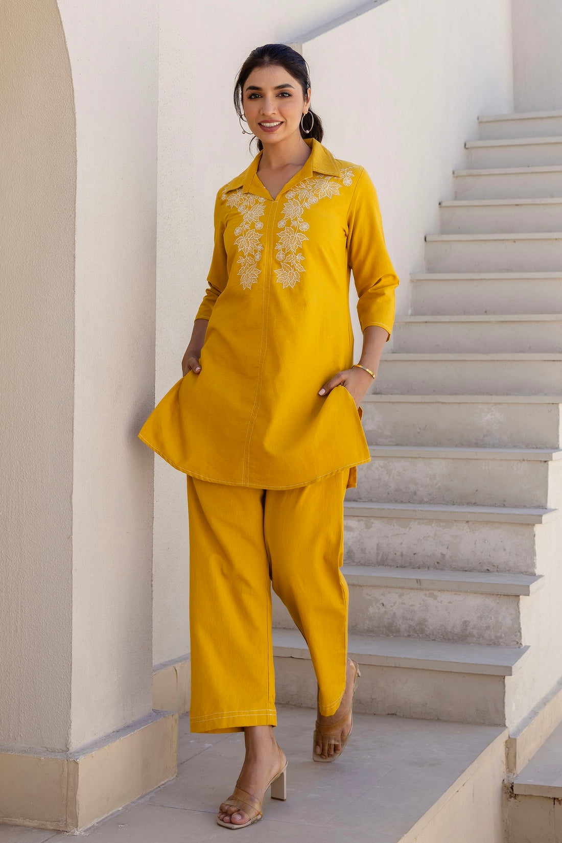 Amaris - Yellow Cotton Flex Solid Embroidered Coord Set