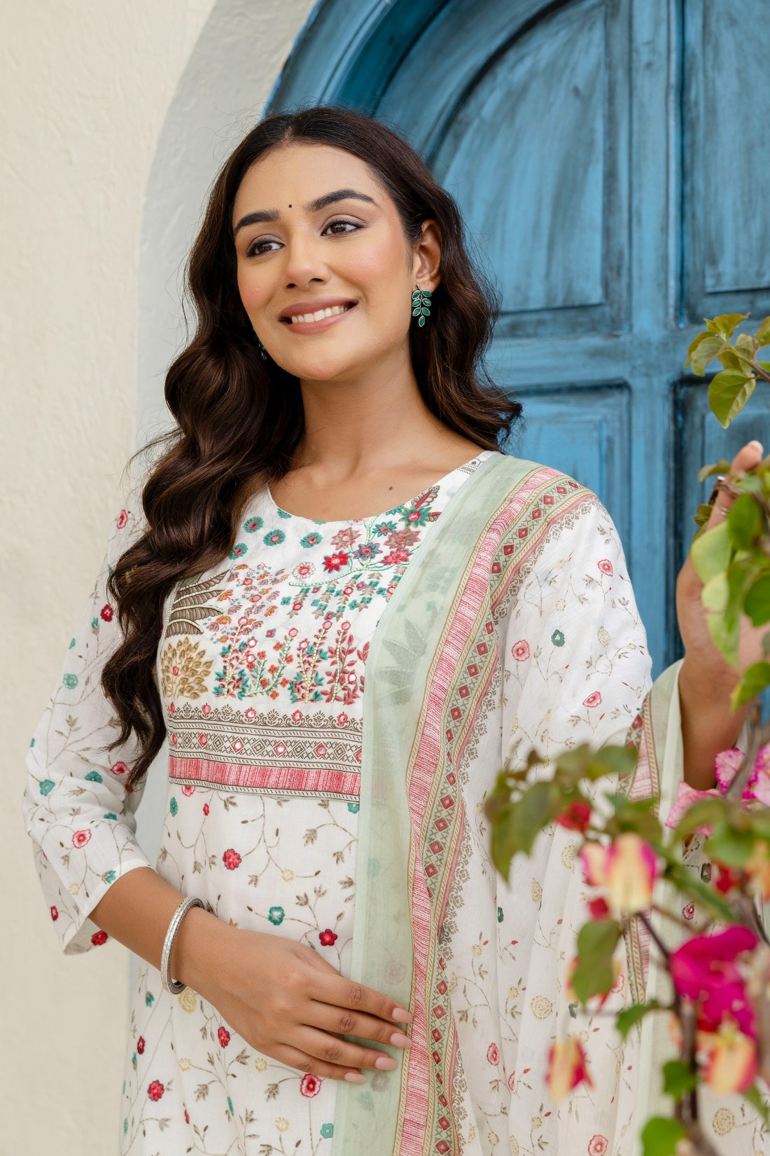 Off White and Green Cotton Lined Kurta Set with Trousers and Dupatta