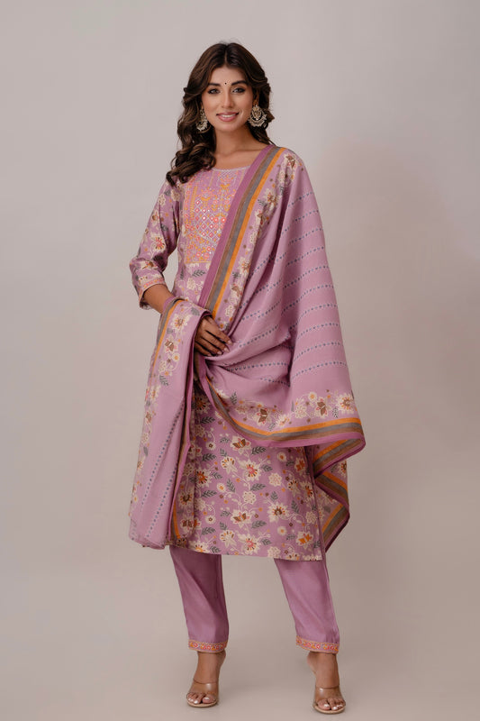Tisya - Lavender Resham Embroidery Yoke Silk Kurta Set with Dupatta