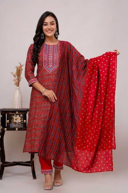 Shyla - Red Silk Kurta Set with Bandhej Dupatta
