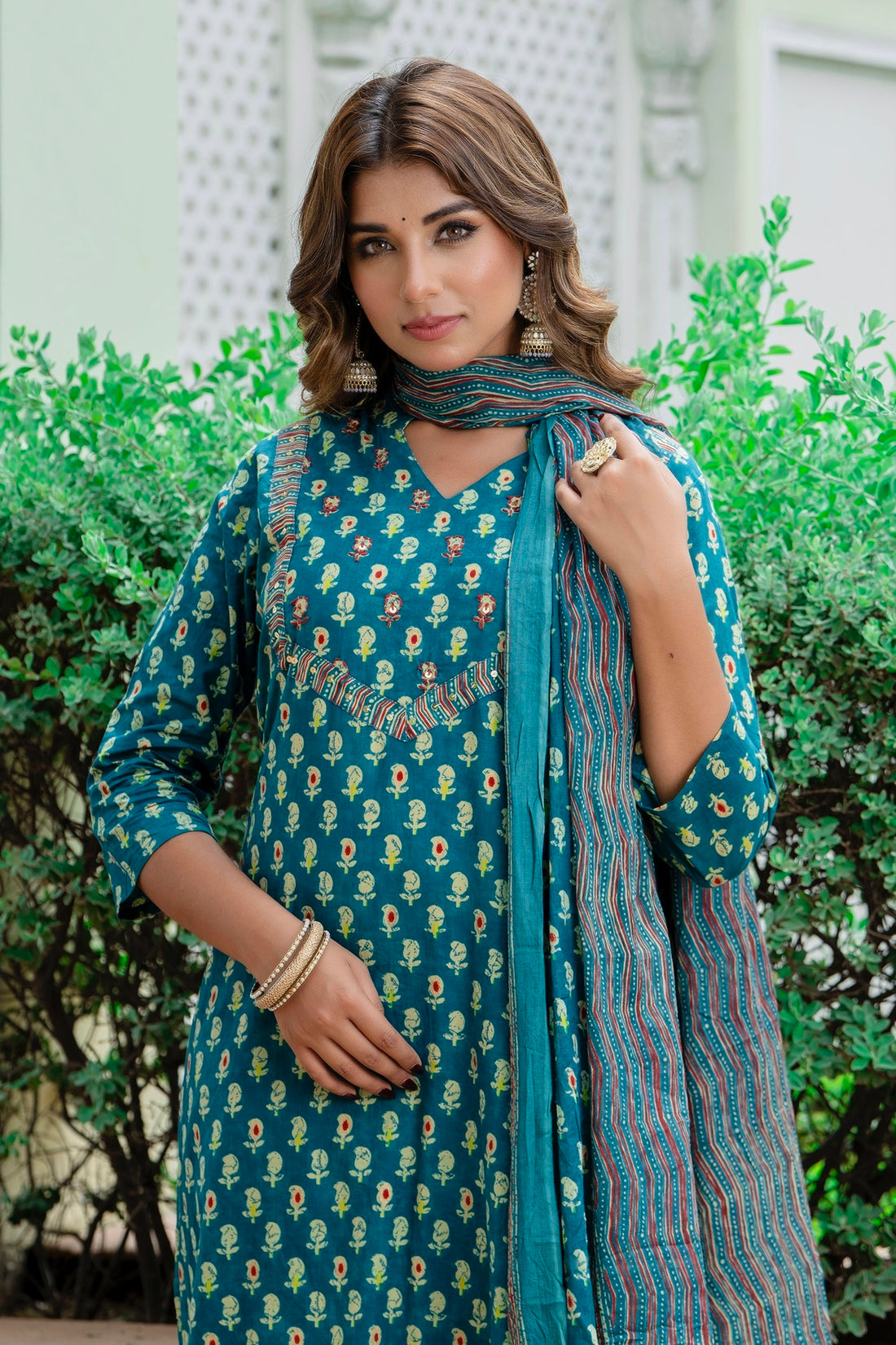 Urvi - Teal Motif Printed Cotton Kurta Set with Dupatta