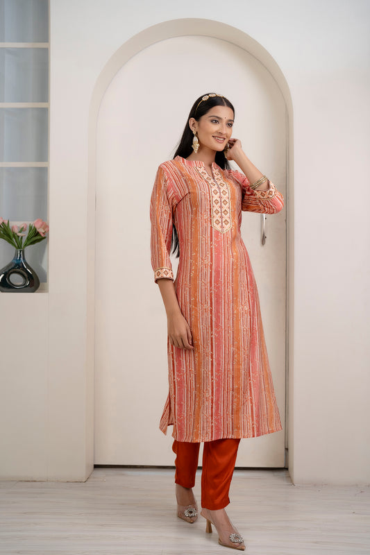 Mahi - Peach Embroidered Silk Kurta and Trousers Set