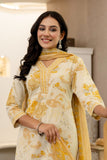 Mustard Abstract Print Cotton Kurta Set with Trousers and Dupatta