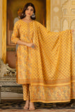 Suhani - Mustard Yellow Floral Printed Cotton Kurta Set with Dupatta