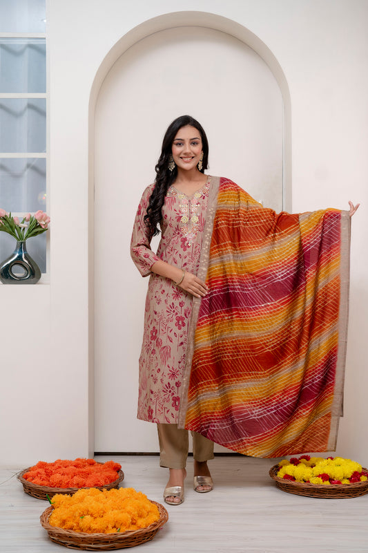 Aachal - Brown Floral Embroidery Silk Kurta Set with Leheriya Dupatta