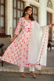 Sameera - Pink and White Cotton Floral Printed Anarkali Suit Set with Dupatta