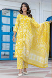 Jaya - Yellow Yoke Design Printed Cotton Kurta Set with Dupatta