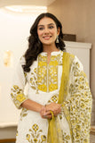 Yellow Motif Print Plackett Highlight Lined Kurta Set with Trousers and Dupatta