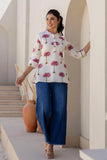 Evadyne - Cream Palm Tree Printed Cotton Short Kurti