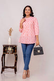 Itzel - Pink and White Collar Neck Cotton Katha Top