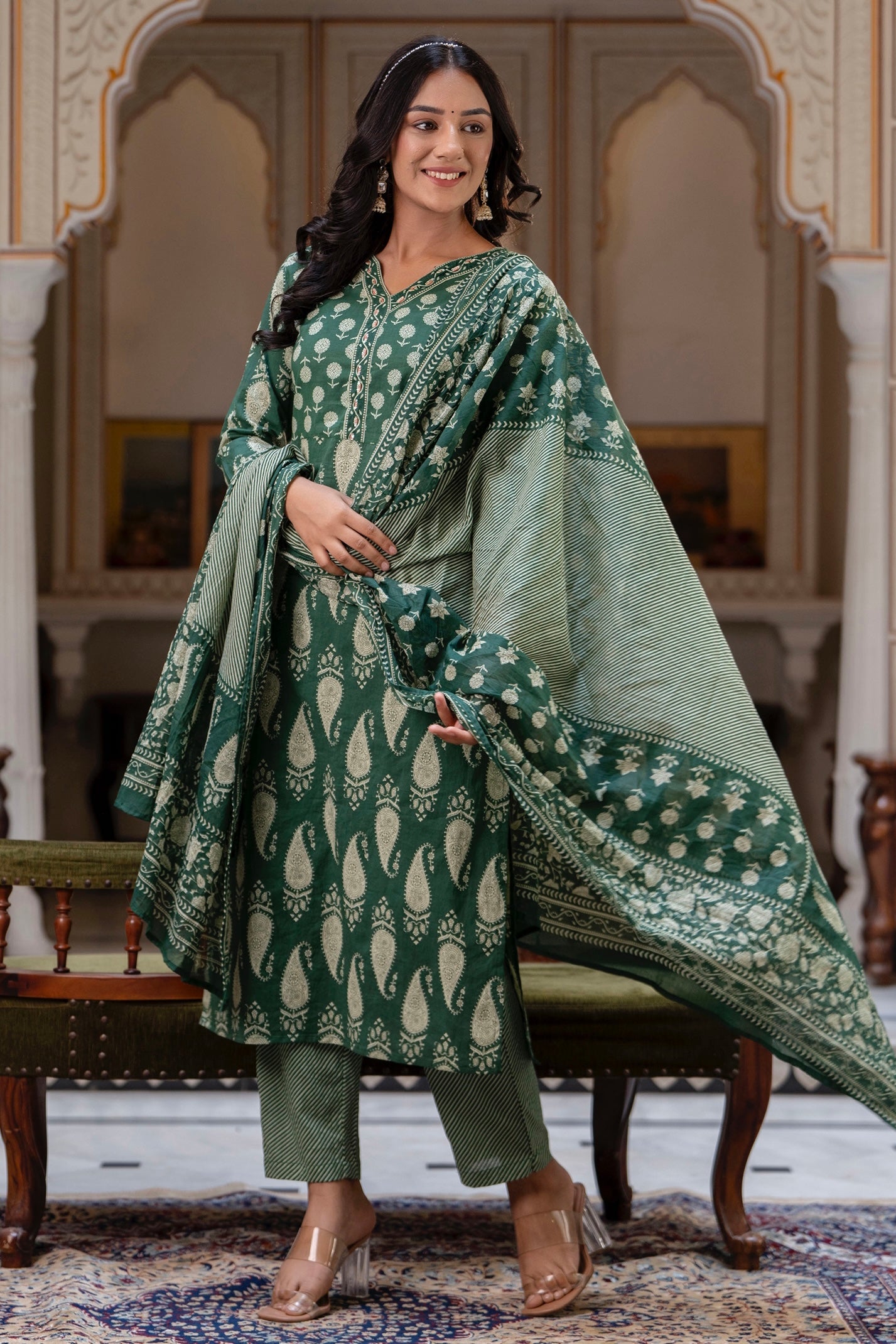 Kai - Bottle Green Ajrak Print Cotton Kurta Set with Dupatta