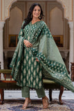 Kai - Bottle Green Ajrak Print Cotton Kurta Set with Dupatta