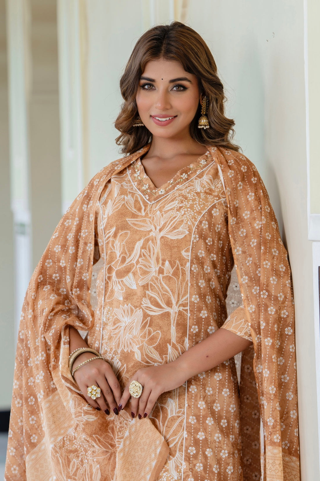 Nandita - Brown Floral Printed Kurta Set with Palazzo and Dupatta