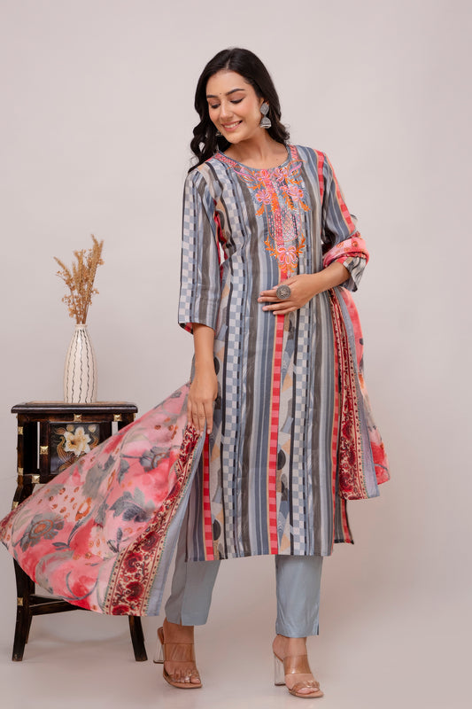 Mirai - Grey Resham Embroidery Silk Kurta Set with Floral Dupatta