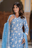 Sana - Blue Lacework Floral Printed Cotton Kurta Set with Dupatta