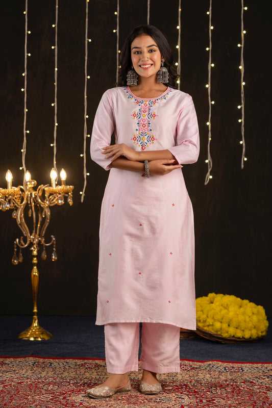 Kirti - Pink Silk Festive Embroidered Kurta