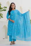 Sky Blue Floral Printed Cotton Kurta Set with Trousers and Dupatta