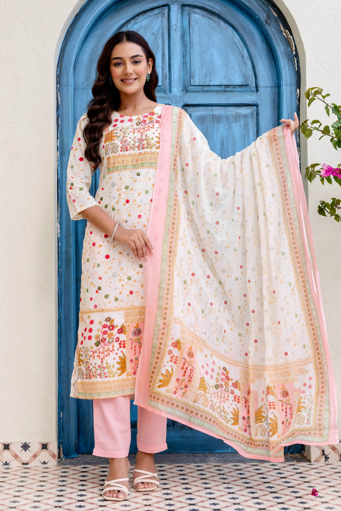 Off White and Pink Cotton Lined Kurta Set with Trousers and Dupatta