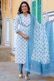 Ragini - Blue and Off-White Pure Cotton Kurta Set with Dupatta