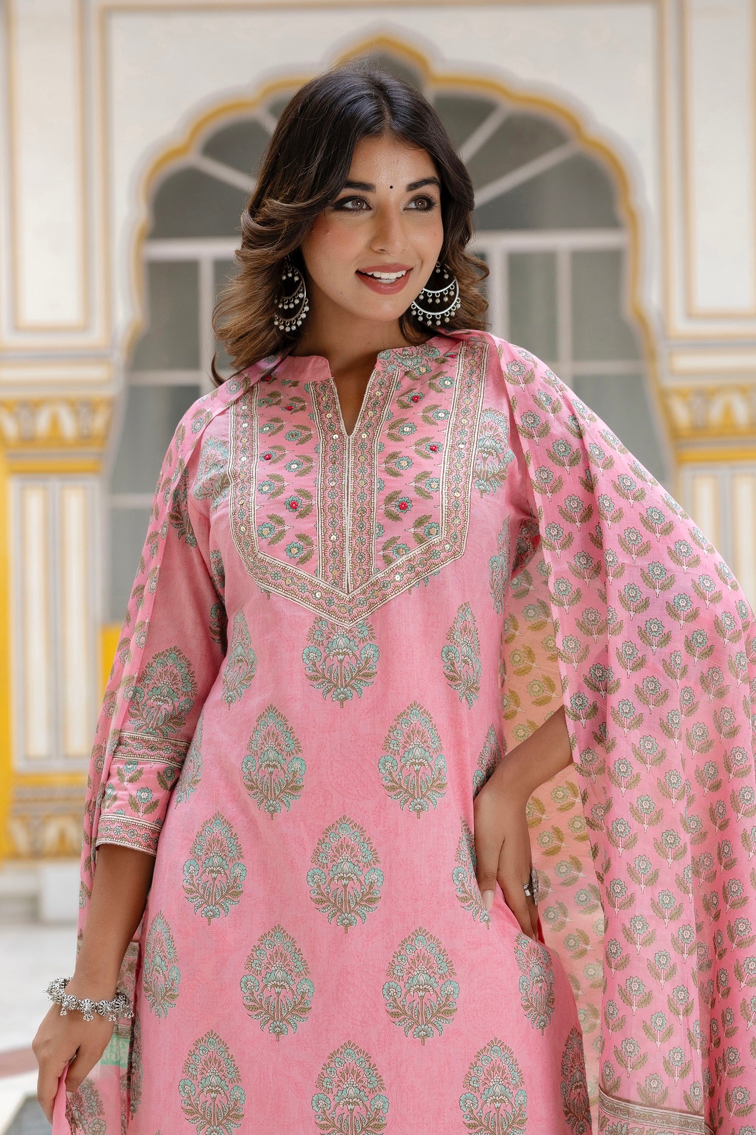 Harper - Pink Motif Printed Yoke Design Cotton Kurta Set with Dupatta