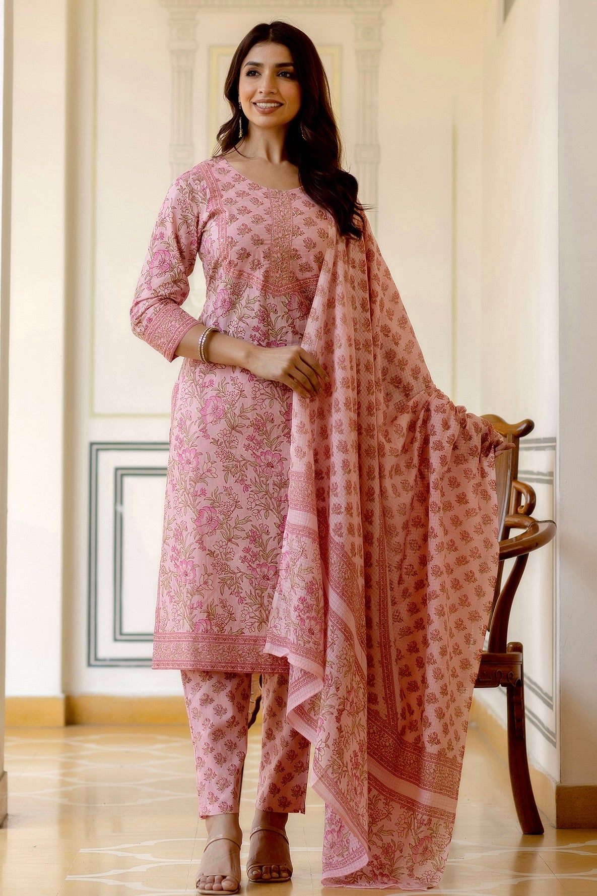 Kusha - Pink Floral Printed Cotton Kurta Set with Dupatta