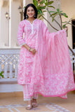 Arushi - Pink Lacework Straight Cotton Kurta with Pant and Dupatta