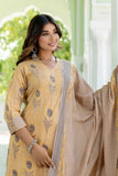 Dhriti - Beige Collar Neck Cotton Kurta set with Dupatta