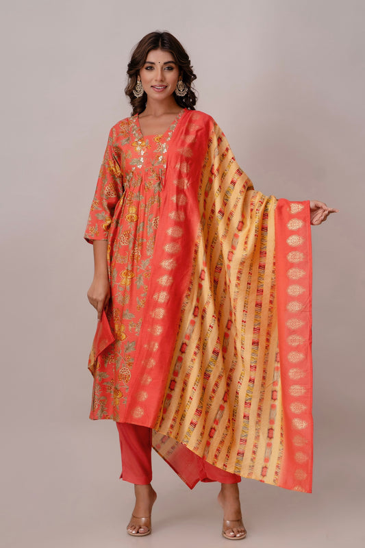 Palak - Peach Alia Cut Gota Patti Silk Suit Set with Dupatta