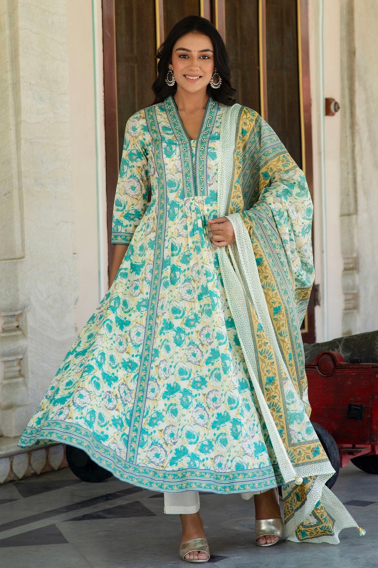 Vanya - Green Floral Printed Collar Neck Anarkali Suit Set with Dupatta