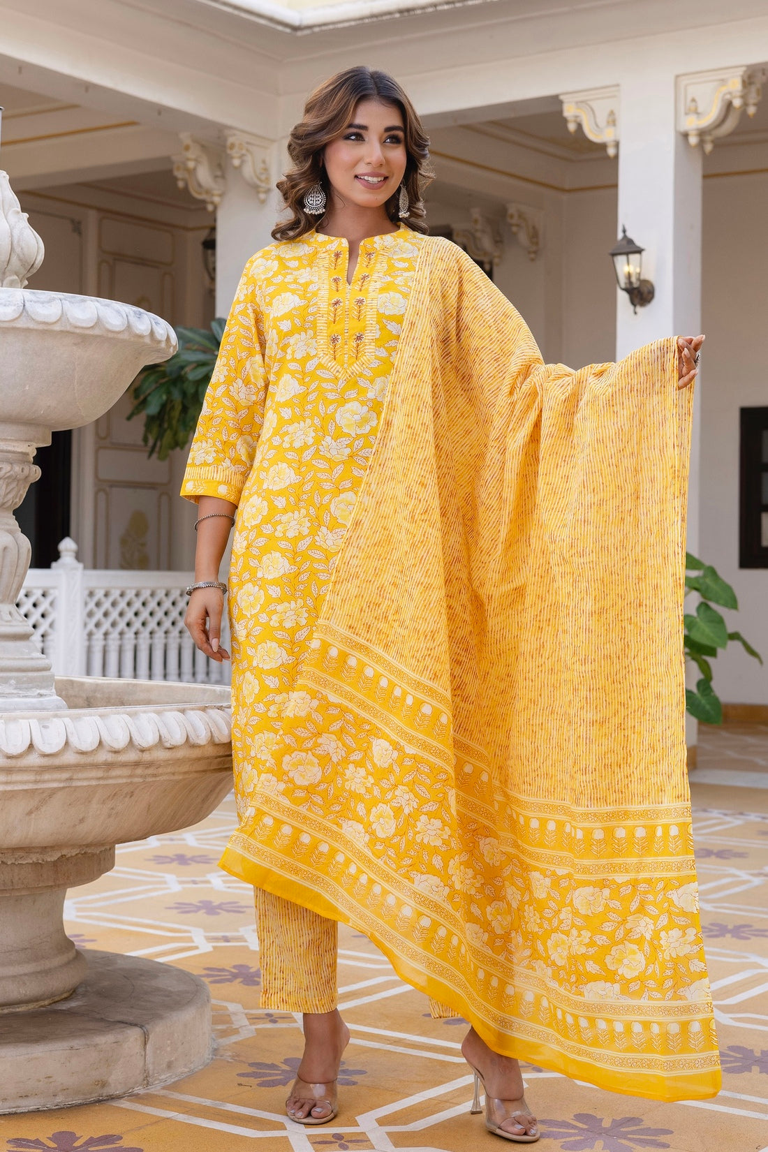 Yellow Plackett Design Cotton Kurta Set with Trousers and Dupatta