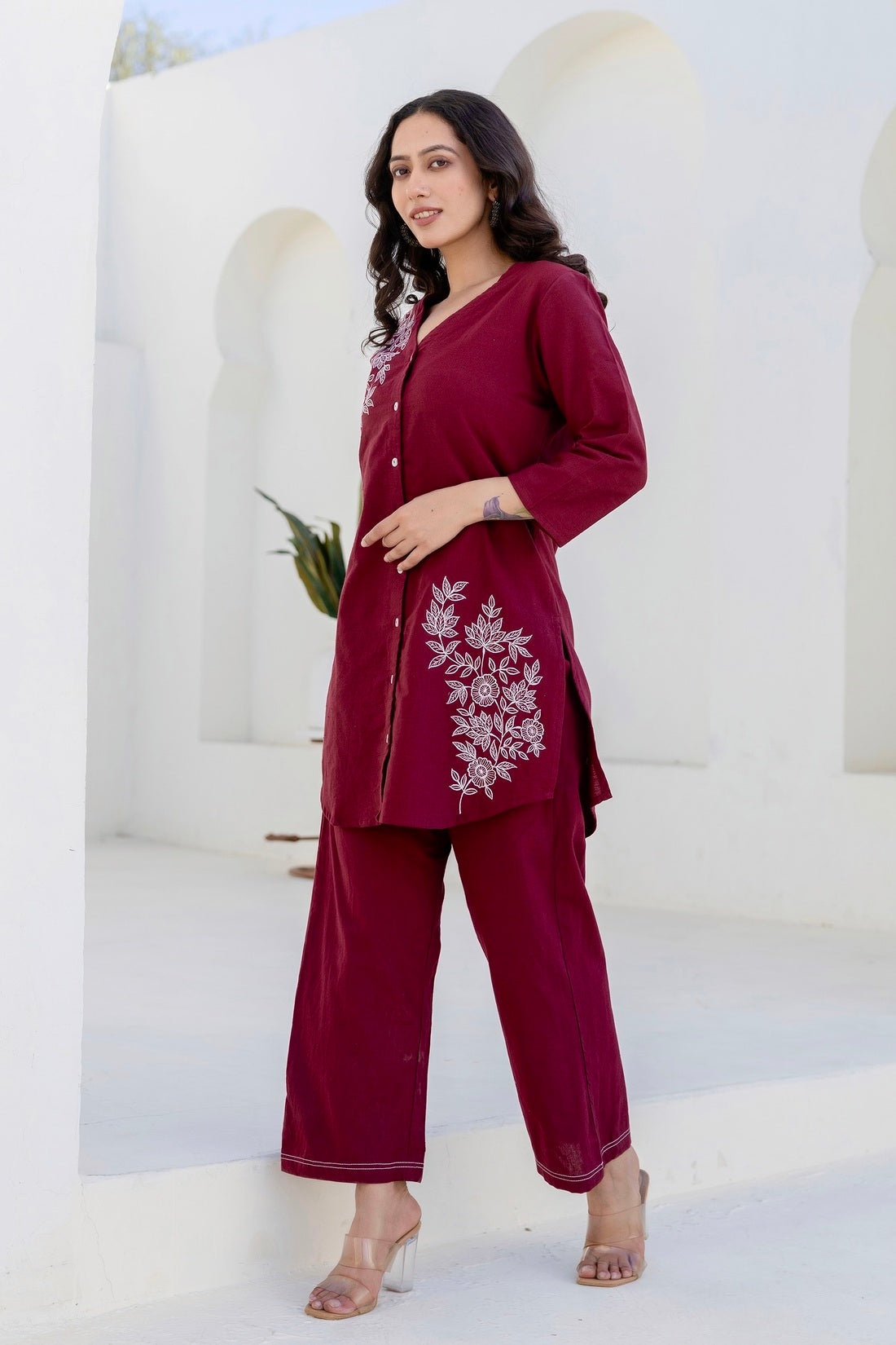 Ariadne - Burgundy Cotton Flex Solid Embroidered Coord Set